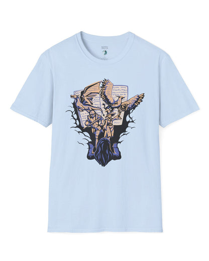 Imagination Unleashed shirt in light blue, featuring a girl reading as a dragon and others burst from the pages.
