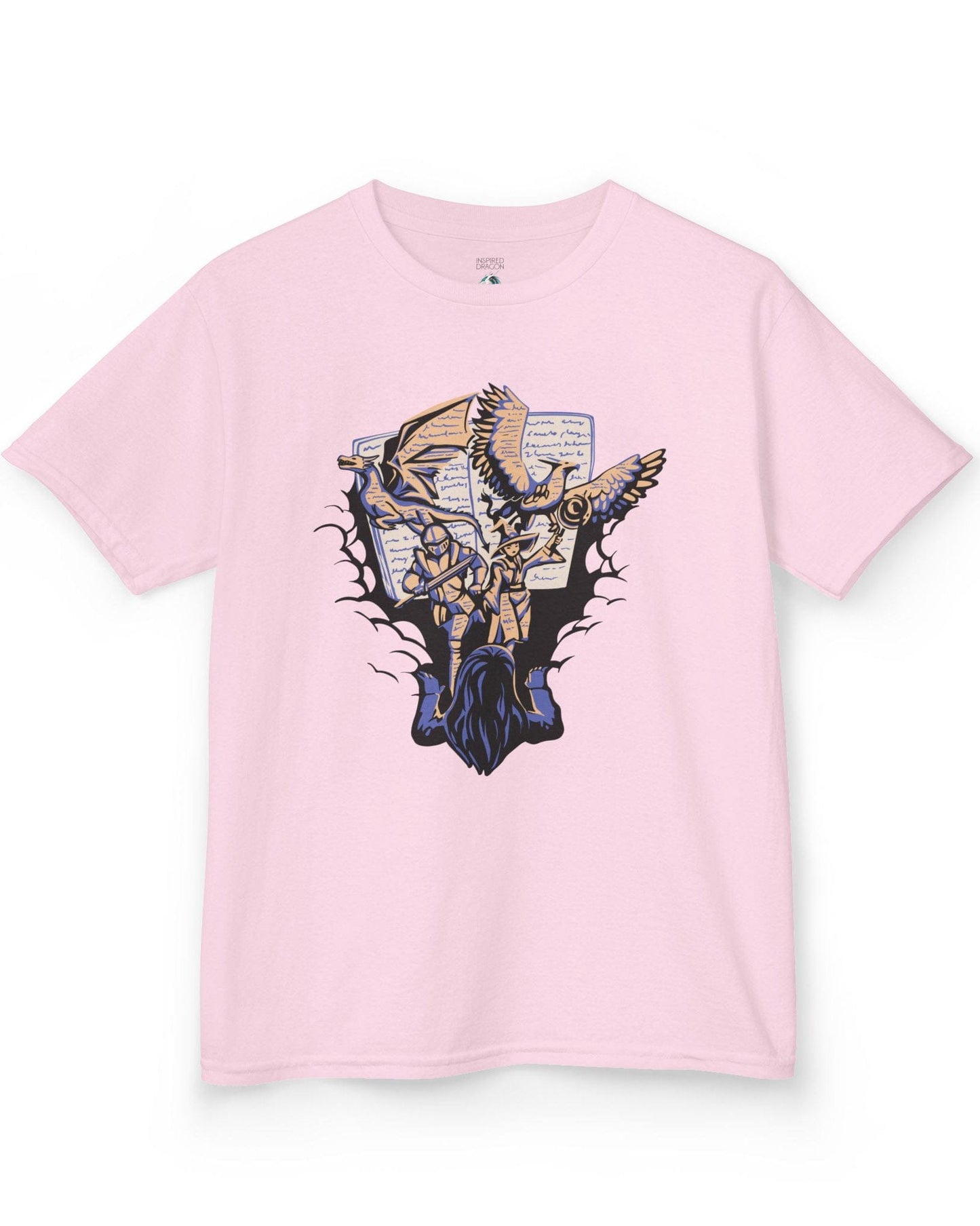 Imagination Unleashed shirt in light pink featuring a girl reading as a dragon and others burst from the pages