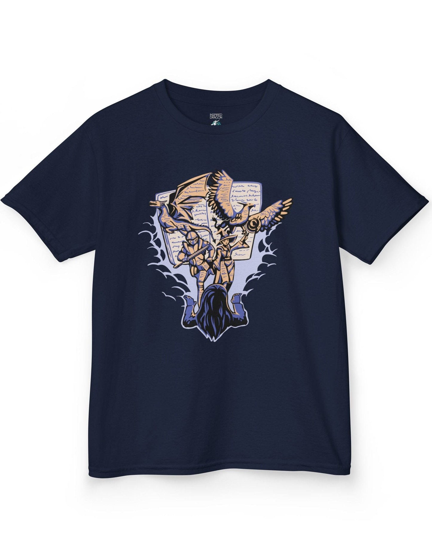 Imagination Unleashed shirt in navy featuring a girl reading as a dragon and others burst from the pages
