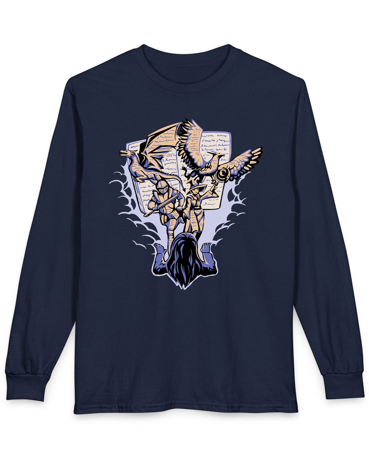 Imagination Unleashed shirt in navy featuring a girl reading as a dragon and others burst from the pages