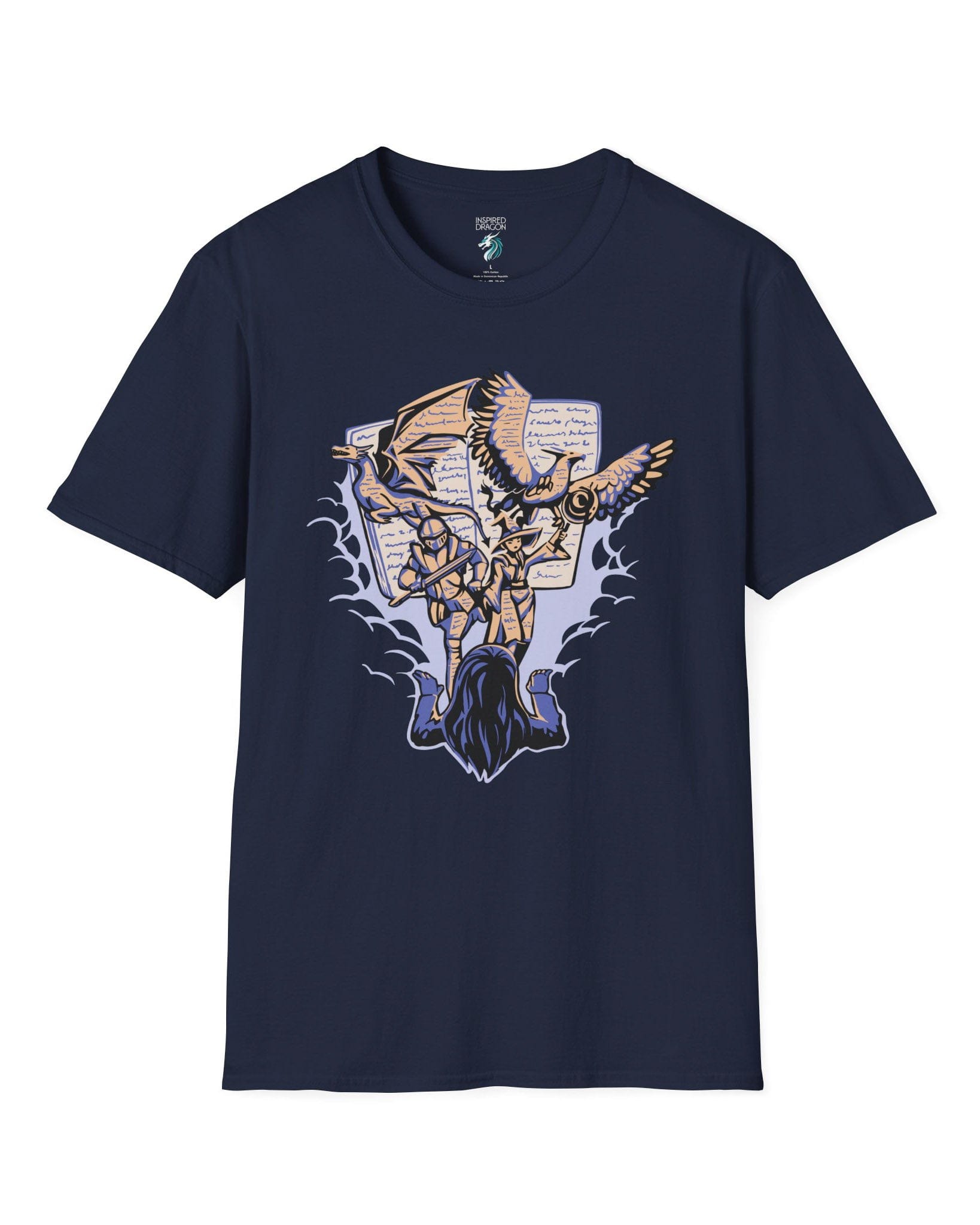 Imagination Unleashed shirt in navy, featuring a girl reading as a dragon and others burst from the pages.
