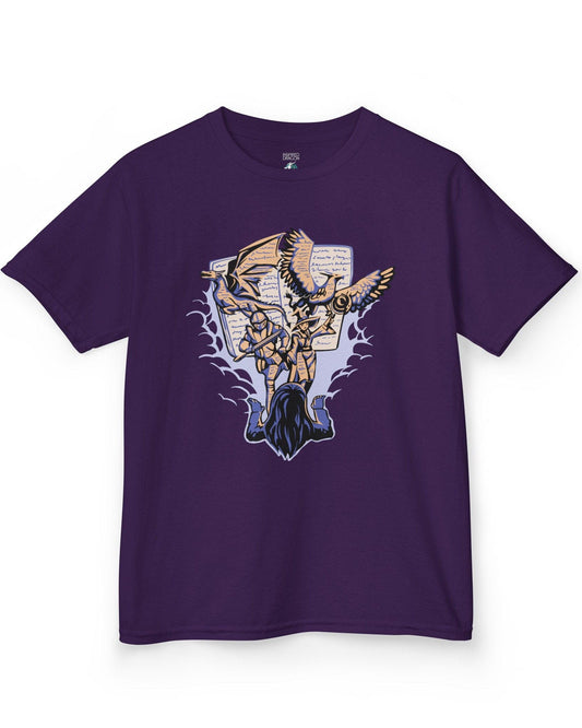Imagination Unleashed shirt in purple featuring a girl reading as a dragon and others burst from the pages