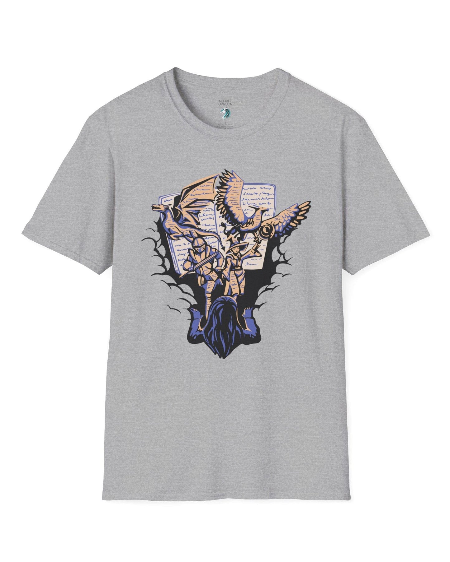 Imagination Unleashed shirt in sport grey, featuring a girl reading as a dragon and others burst from the pages.
