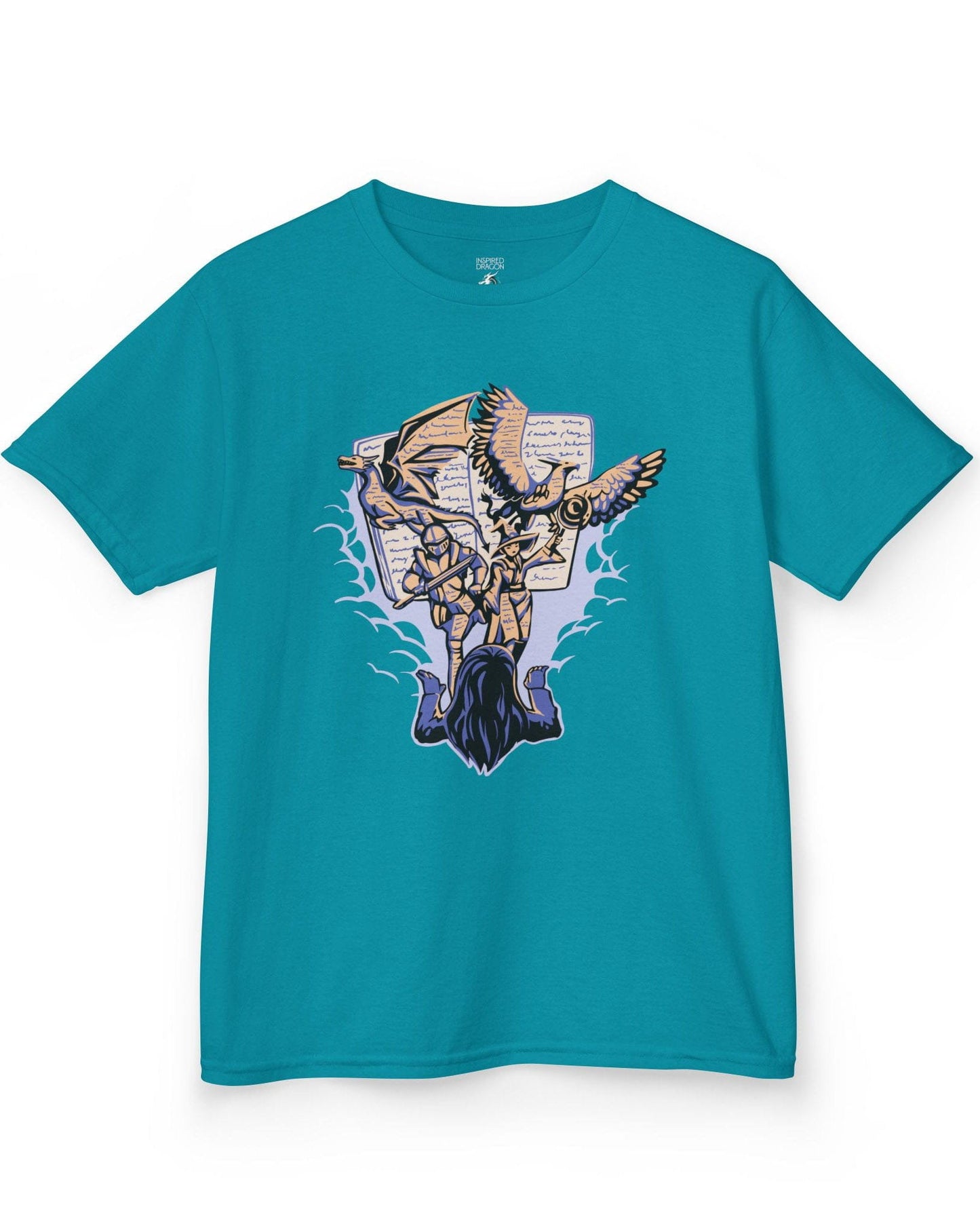 Imagination Unleashed shirt in tropical blue featuring a girl reading as a dragon and others burst from the pages