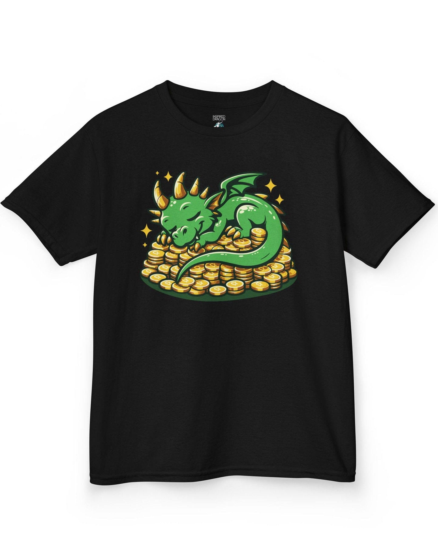 Dreaming in Green and Gold shirt in black featuring a cute green dragon sleeping on a pile of shiny gold coins.