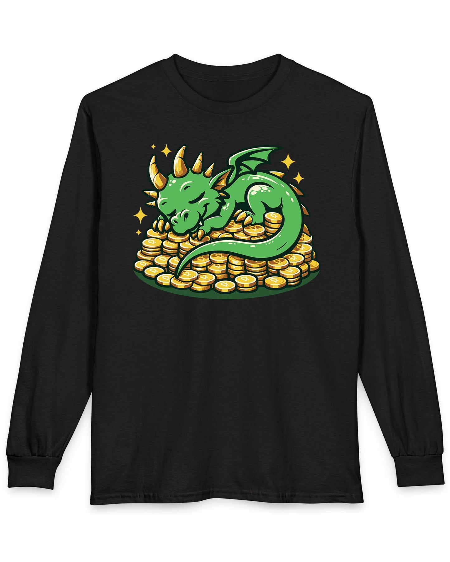 Dreaming in Green and Gold shirt in black featuring a cute green dragon sleeping on a pile of shiny gold coins