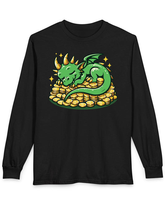 Dreaming in Green and Gold shirt in black featuring a cute green dragon sleeping on a pile of shiny gold coins
