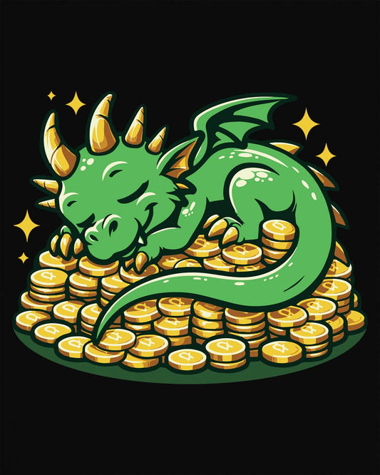 Dreaming in Green and Gold shirt in black featuring a cute green dragon sleeping on a pile of shiny gold coins.