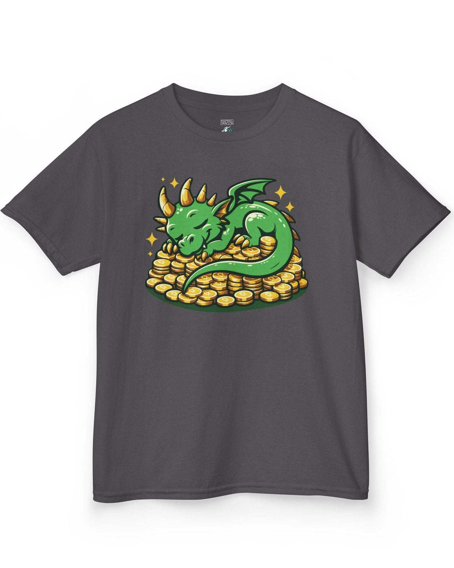 Dreaming in Green and Gold shirt in charcoal featuring a cute green dragon sleeping on a pile of shiny gold coins.
