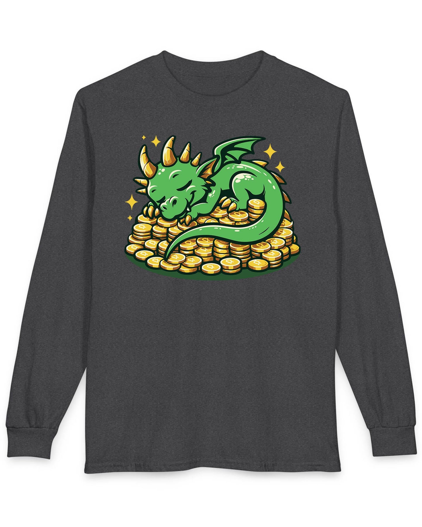 Dreaming in Green and Gold shirt in dark heather featuring a cute green dragon sleeping on a pile of shiny gold coins