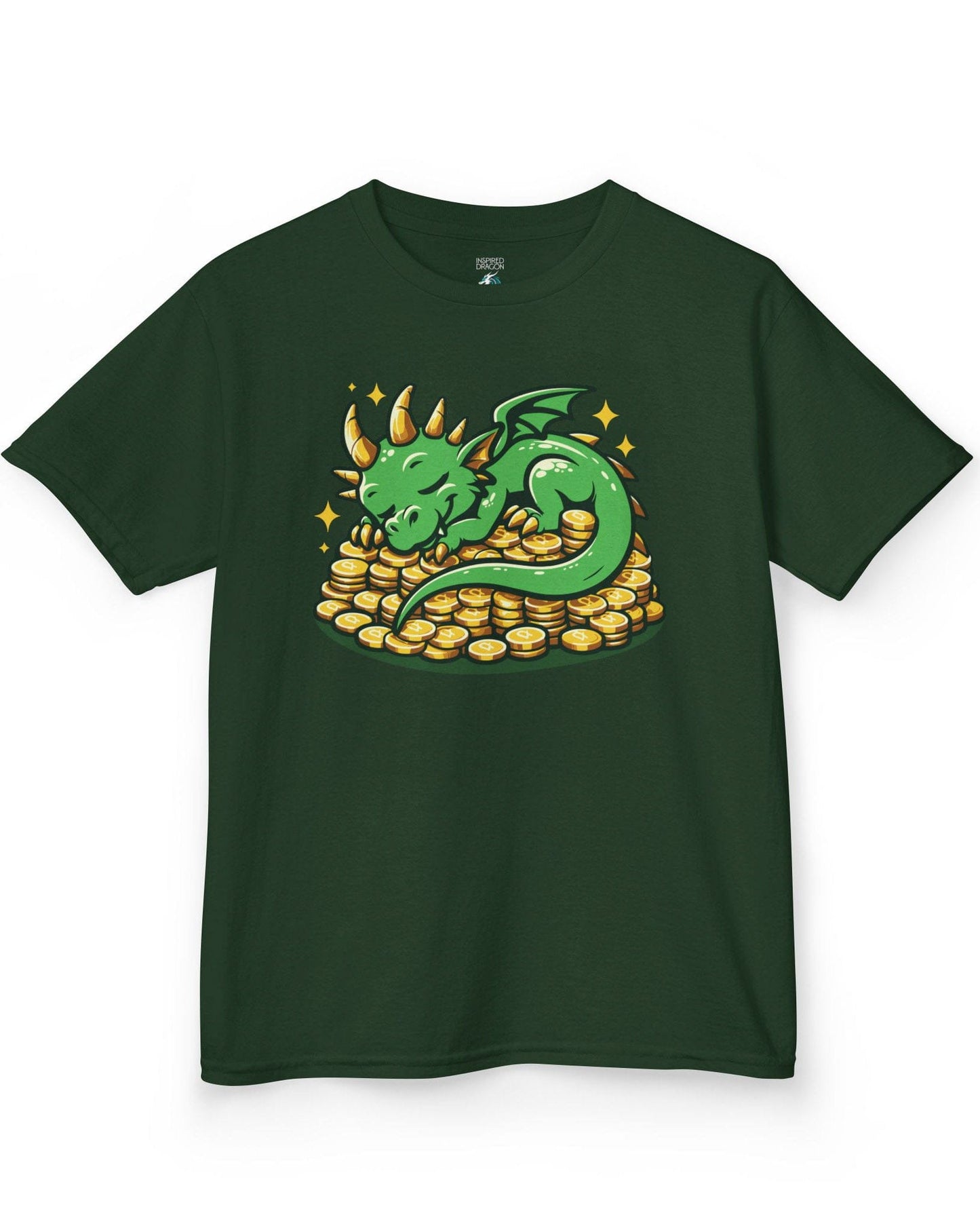 Dreaming in Green and Gold shirt in forest green featuring a cute green dragon sleeping on a pile of shiny gold coins.