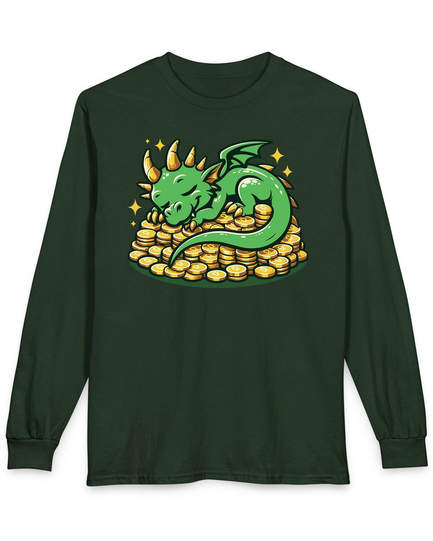 Dreaming in Green and Gold shirt in forest green featuring a cute green dragon sleeping on a pile of shiny gold coins