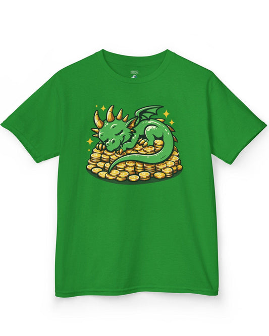 Dreaming in Green and Gold shirt in Irish green featuring a cute green dragon sleeping on a pile of shiny gold coins.