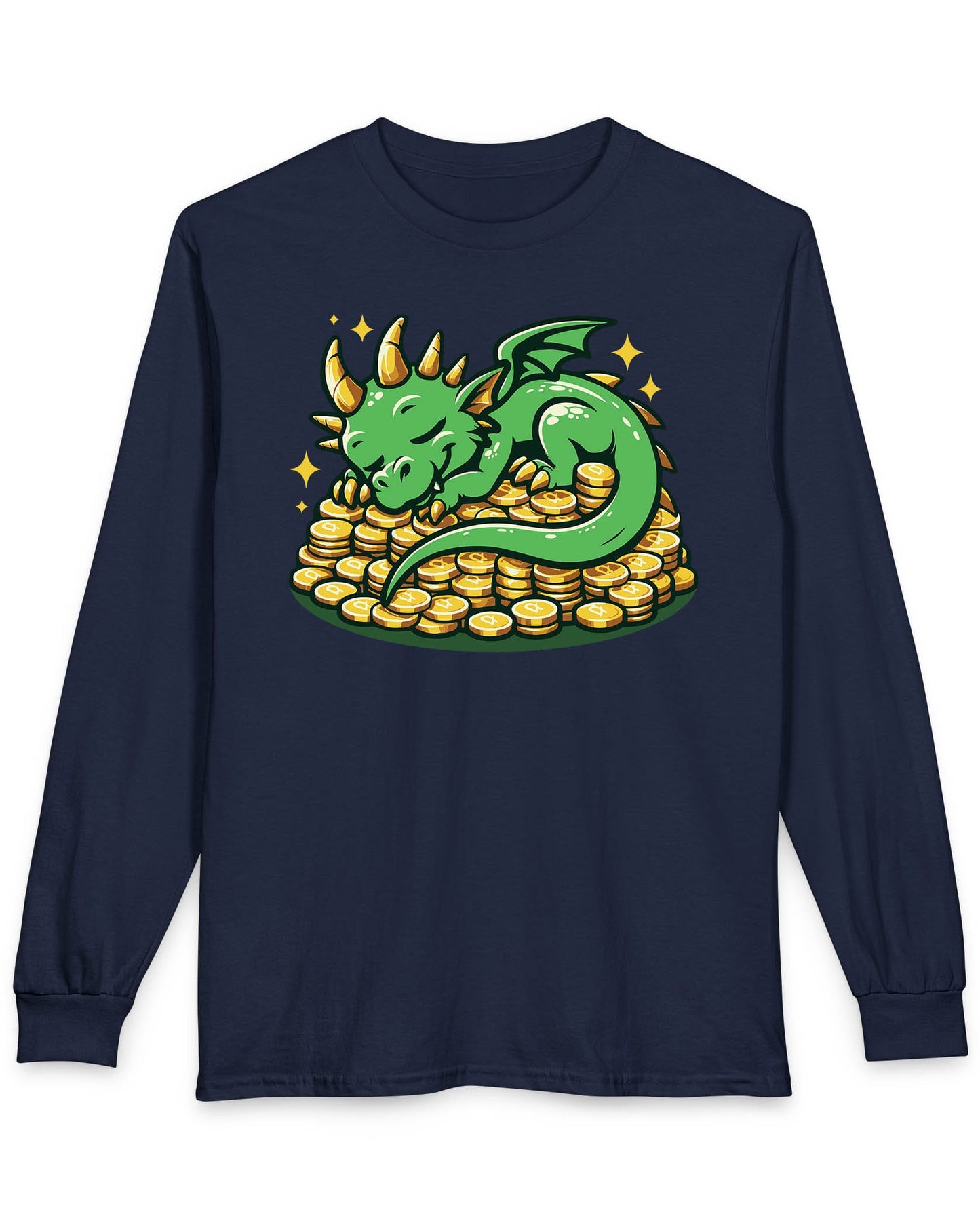 Dreaming in Green and Gold shirt in navy featuring a cute green dragon sleeping on a pile of shiny gold coins