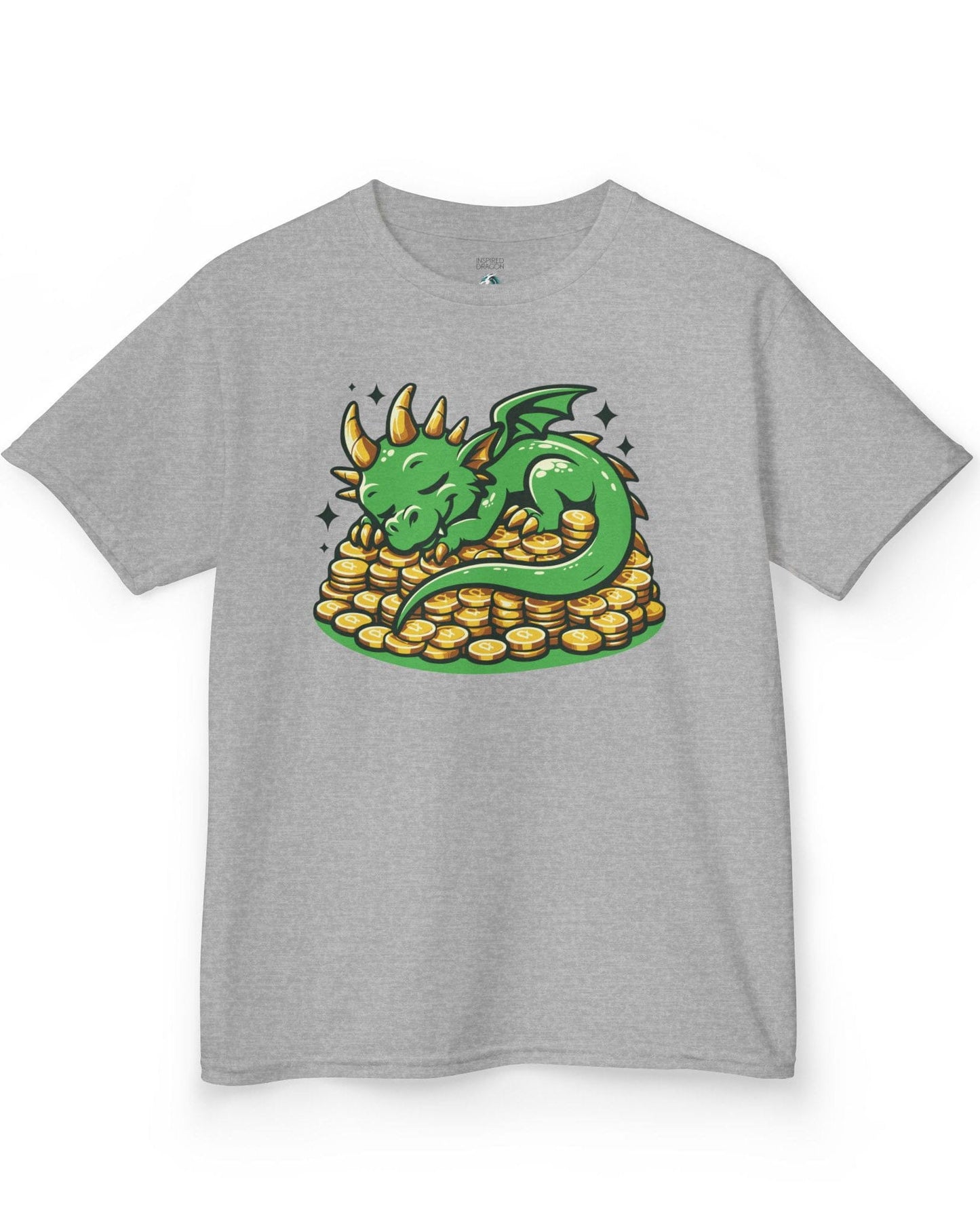 Dreaming in Green and Gold shirt in sport grey featuring a cute green dragon sleeping on a pile of shiny gold coins.
