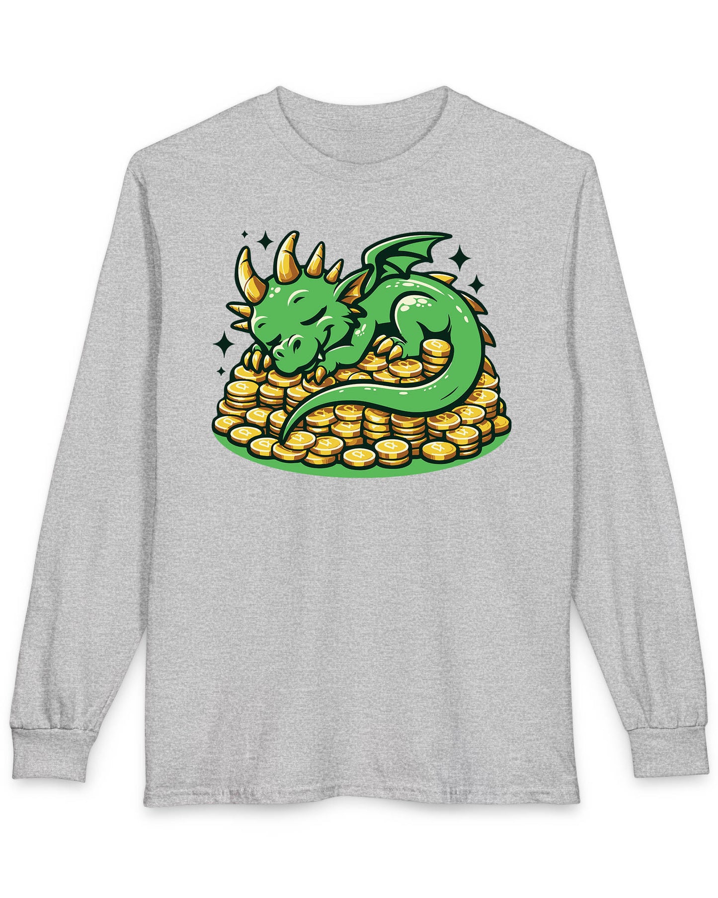 Dreaming in Green and Gold shirt in sport grey featuring a cute green dragon sleeping on a pile of shiny gold coins