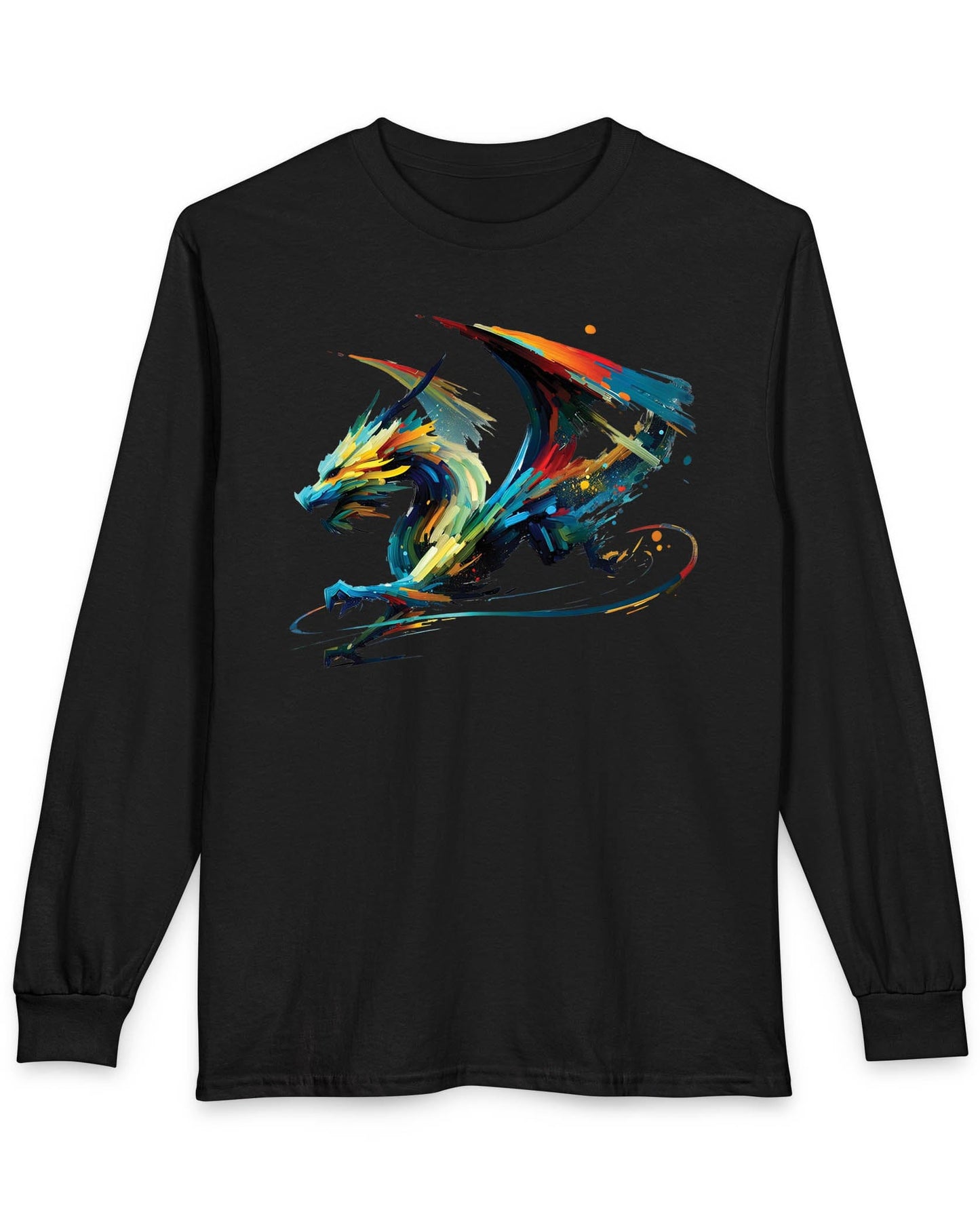 Prismatic Splatter Dragon shirt in black, featuring a dynamic multicolored dragon made of bold brush strokes.