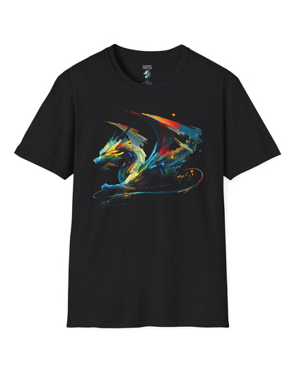 Prismatic Splatter Dragon shirt in black, featuring a dynamic multicolored dragon made of bold brush strokes.
