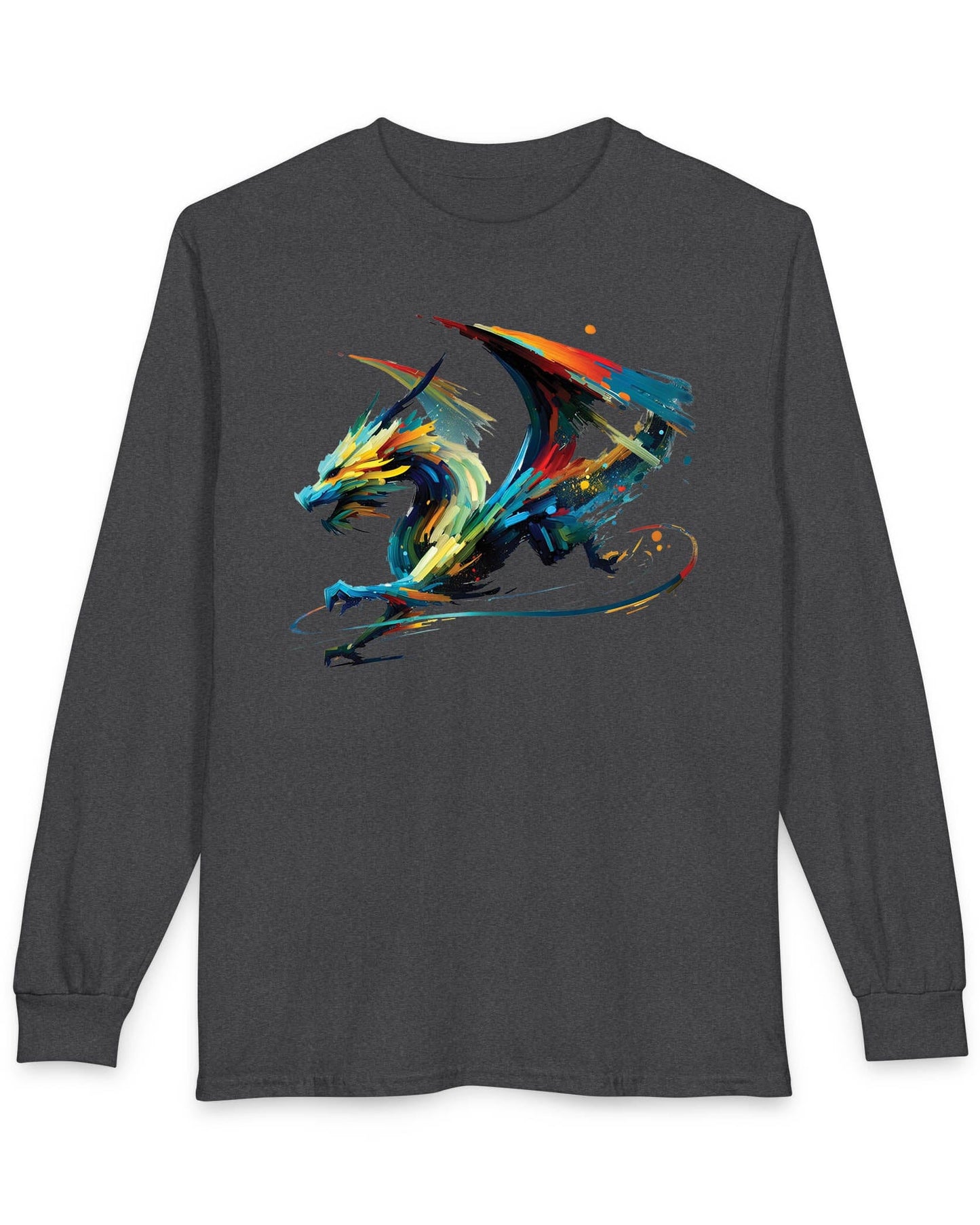 Prismatic Splatter Dragon shirt in dark heather grey, featuring a dynamic multicolored dragon made of bold brush strokes.