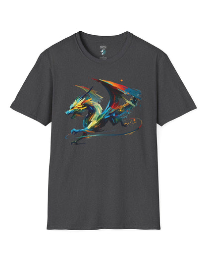 Prismatic Splatter Dragon shirt in dark heather grey, featuring a dynamic multicolored dragon made of bold brush strokes.

