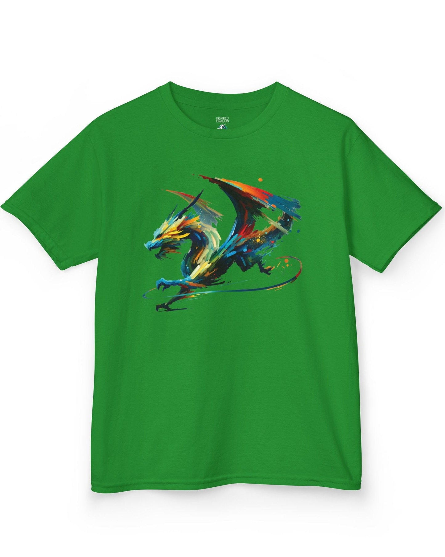 Prismatic Splatter Dragon shirt in Irish green, featuring a dynamic multicolored dragon made of bold brush strokes.
