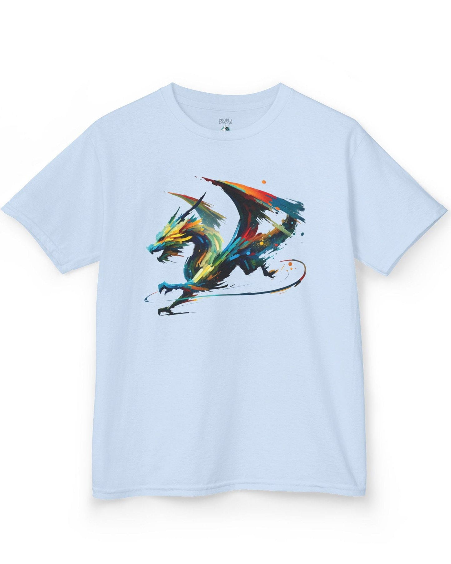 Prismatic Splatter Dragon shirt in light blue, featuring a dynamic multicolored dragon made of bold brush strokes.