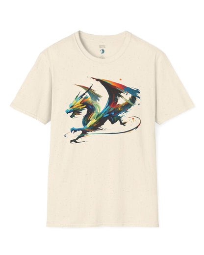 Prismatic Splatter Dragon shirt in natural, featuring a dynamic multicolored dragon made of bold brush strokes.