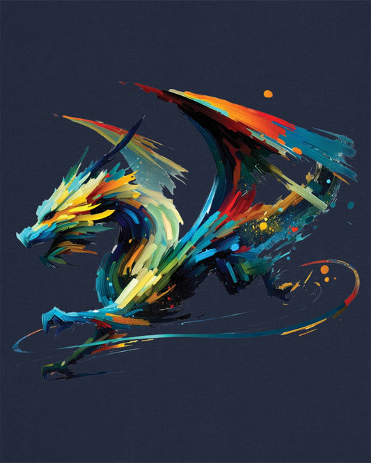Prismatic Splatter Dragon shirt in navy, featuring a dynamic multicolored dragon made of bold brush strokes.
