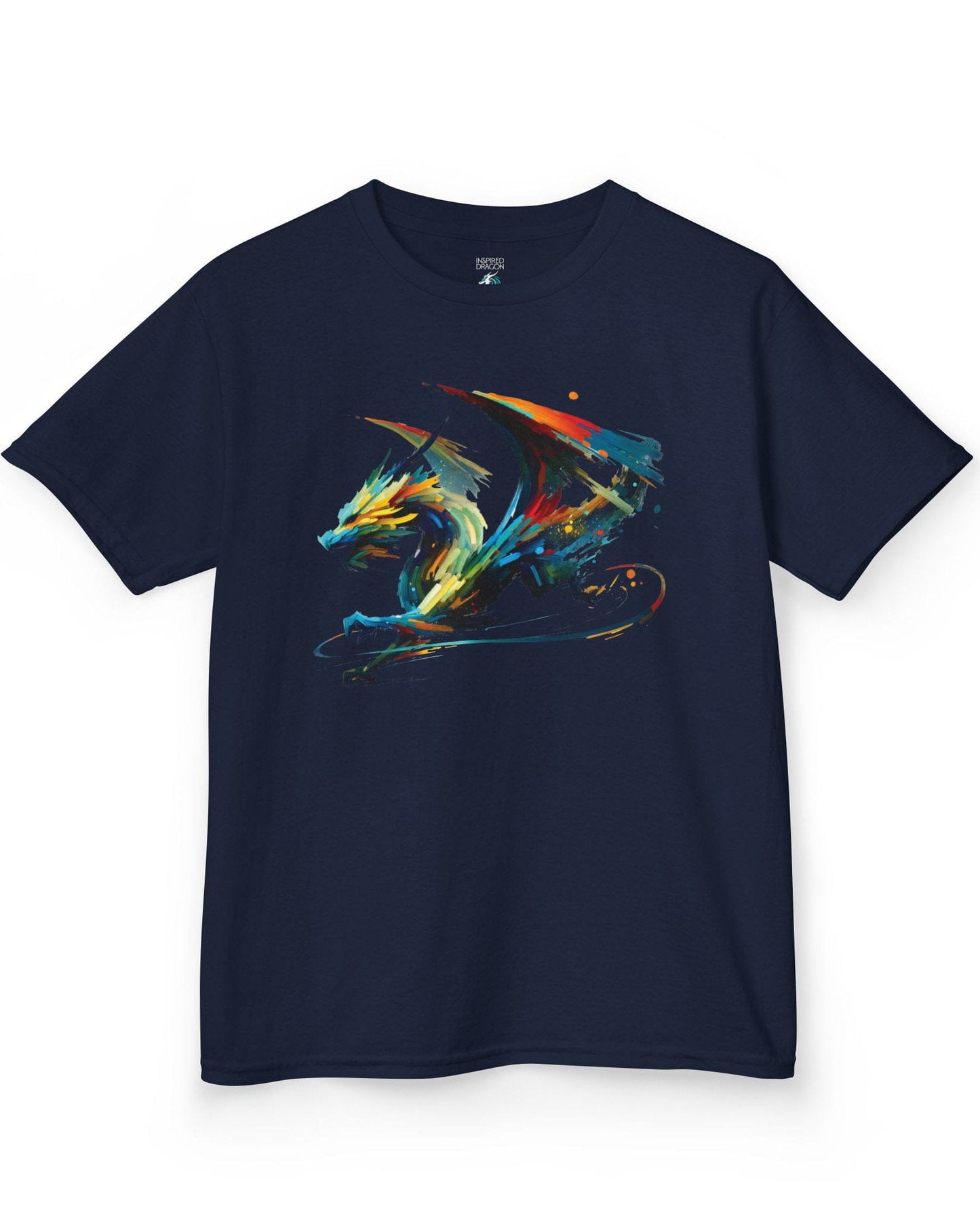 Prismatic Splatter Dragon shirt in navy, featuring a dynamic multicolored dragon made of bold brush strokes.