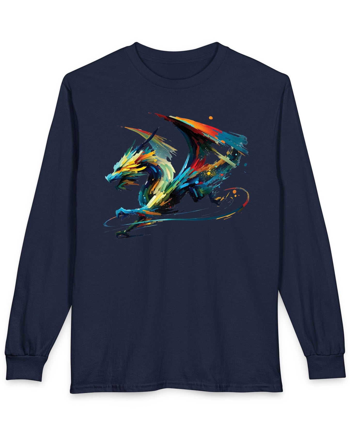 Prismatic Splatter Dragon shirt in navy, featuring a dynamic multicolored dragon made of bold brush strokes.
