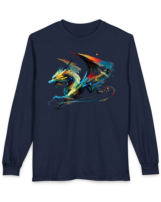Prismatic Splatter Dragon shirt in navy, featuring a dynamic multicolored dragon made of bold brush strokes.