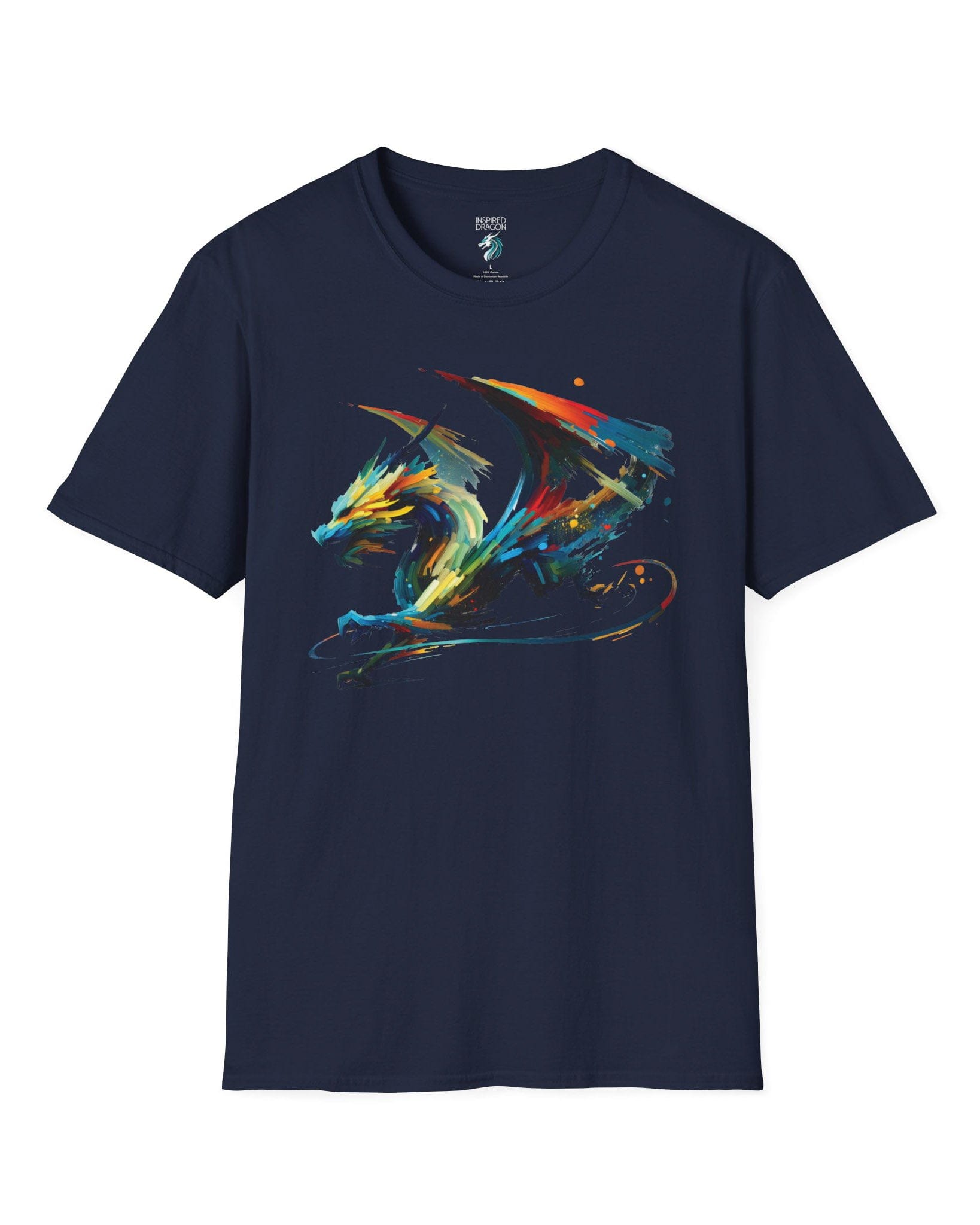 Prismatic Splatter Dragon shirt in navy, featuring a dynamic multicolored dragon made of bold brush strokes.
