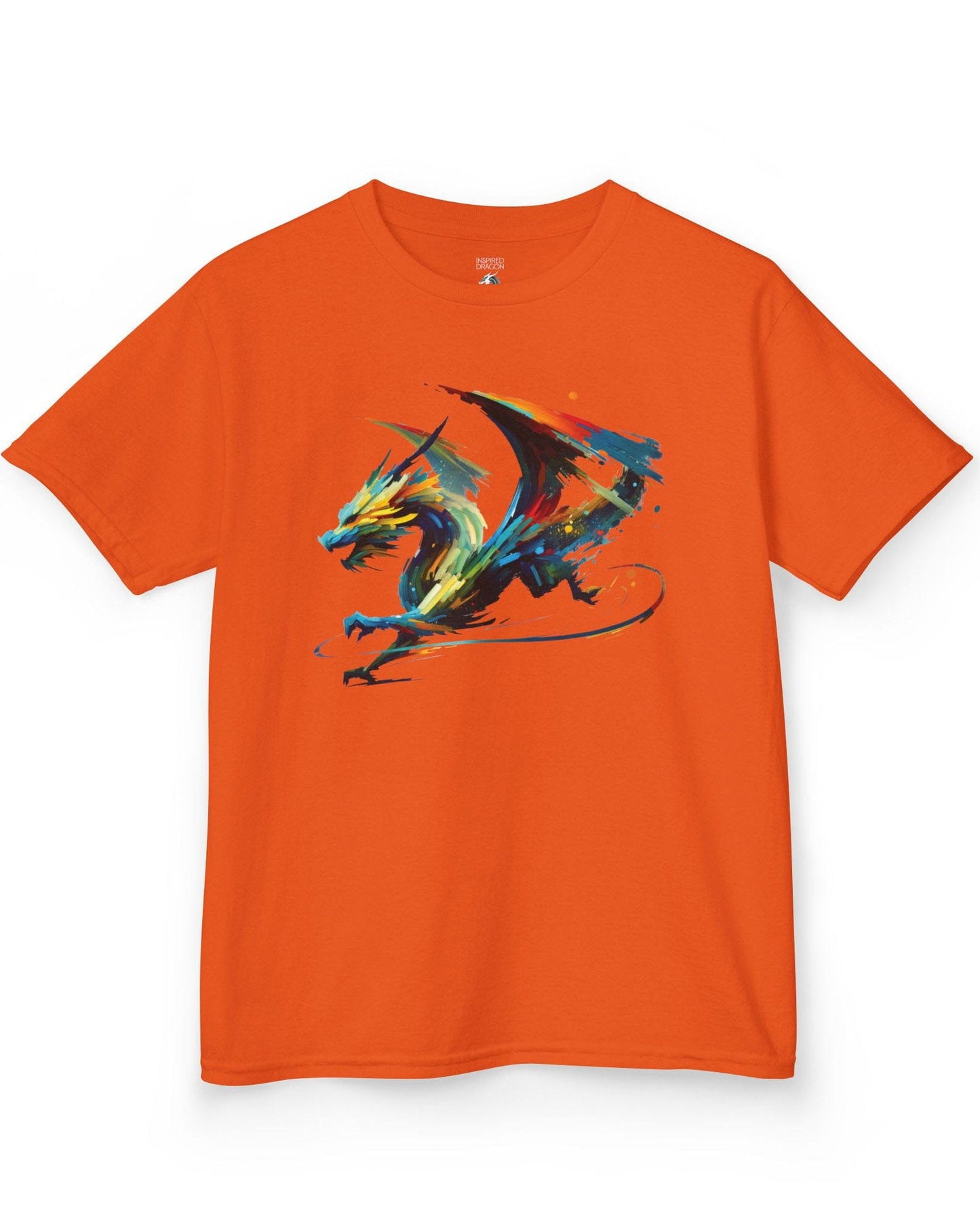 Prismatic Splatter Dragon shirt in orange, featuring a dynamic multicolored dragon made of bold brush strokes.