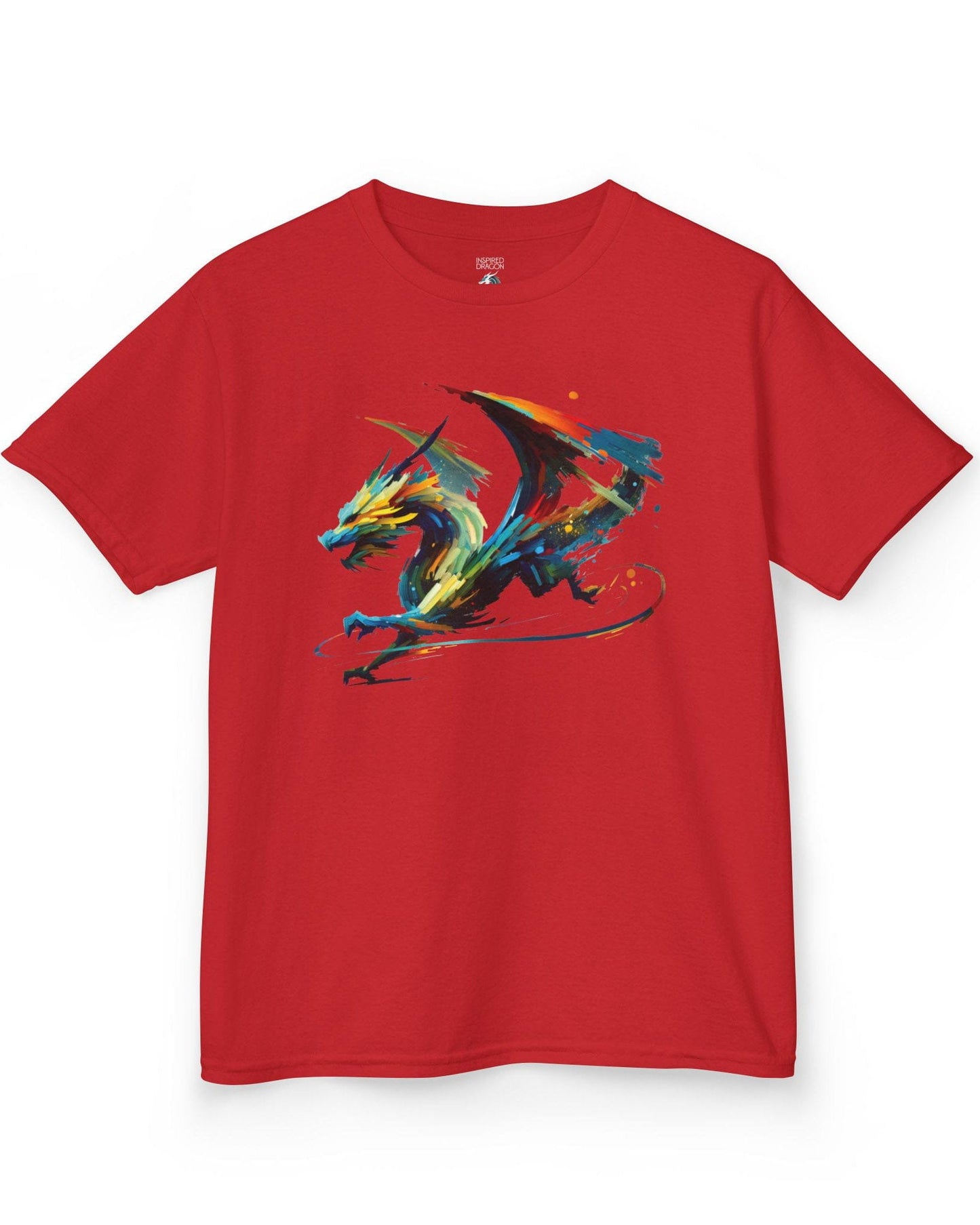 Prismatic Splatter Dragon shirt in red, featuring a dynamic multicolored dragon made of bold brush strokes.