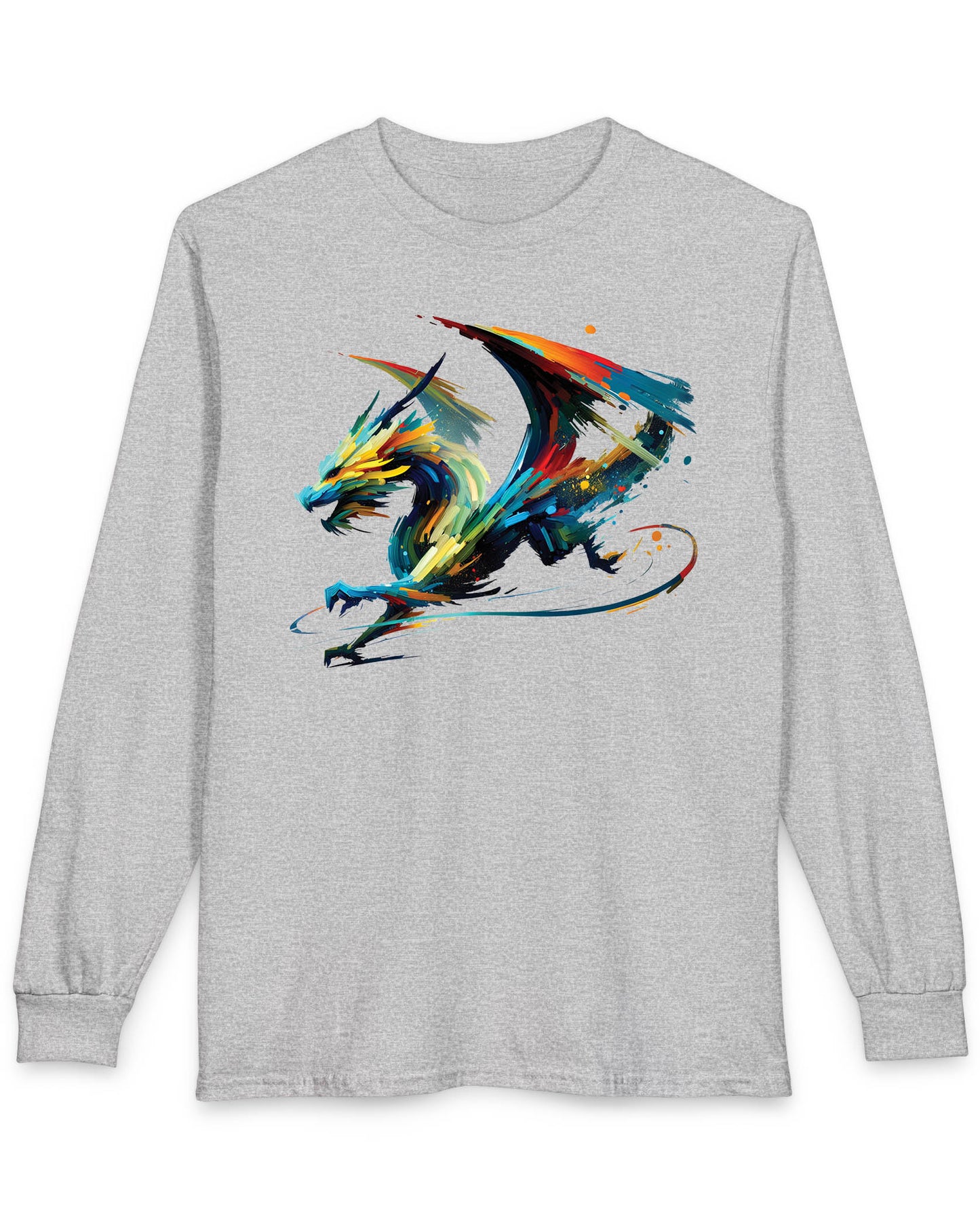 Prismatic Splatter Dragon shirt in sport grey, featuring a dynamic multicolored dragon made of bold brush strokes.