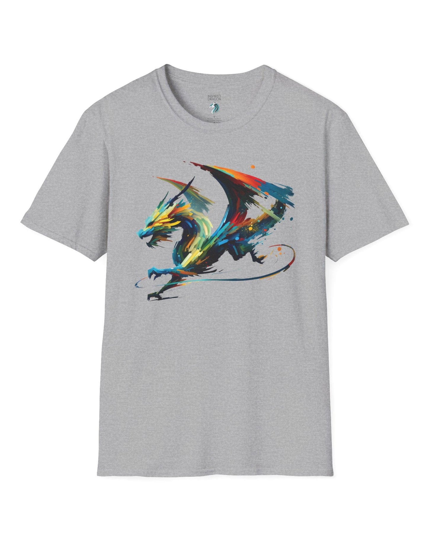 Prismatic Splatter Dragon shirt in sport grey, featuring a dynamic multicolored dragon made of bold brush strokes.
