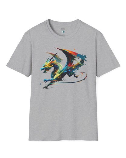 Prismatic Splatter Dragon shirt in sport grey, featuring a dynamic multicolored dragon made of bold brush strokes.
