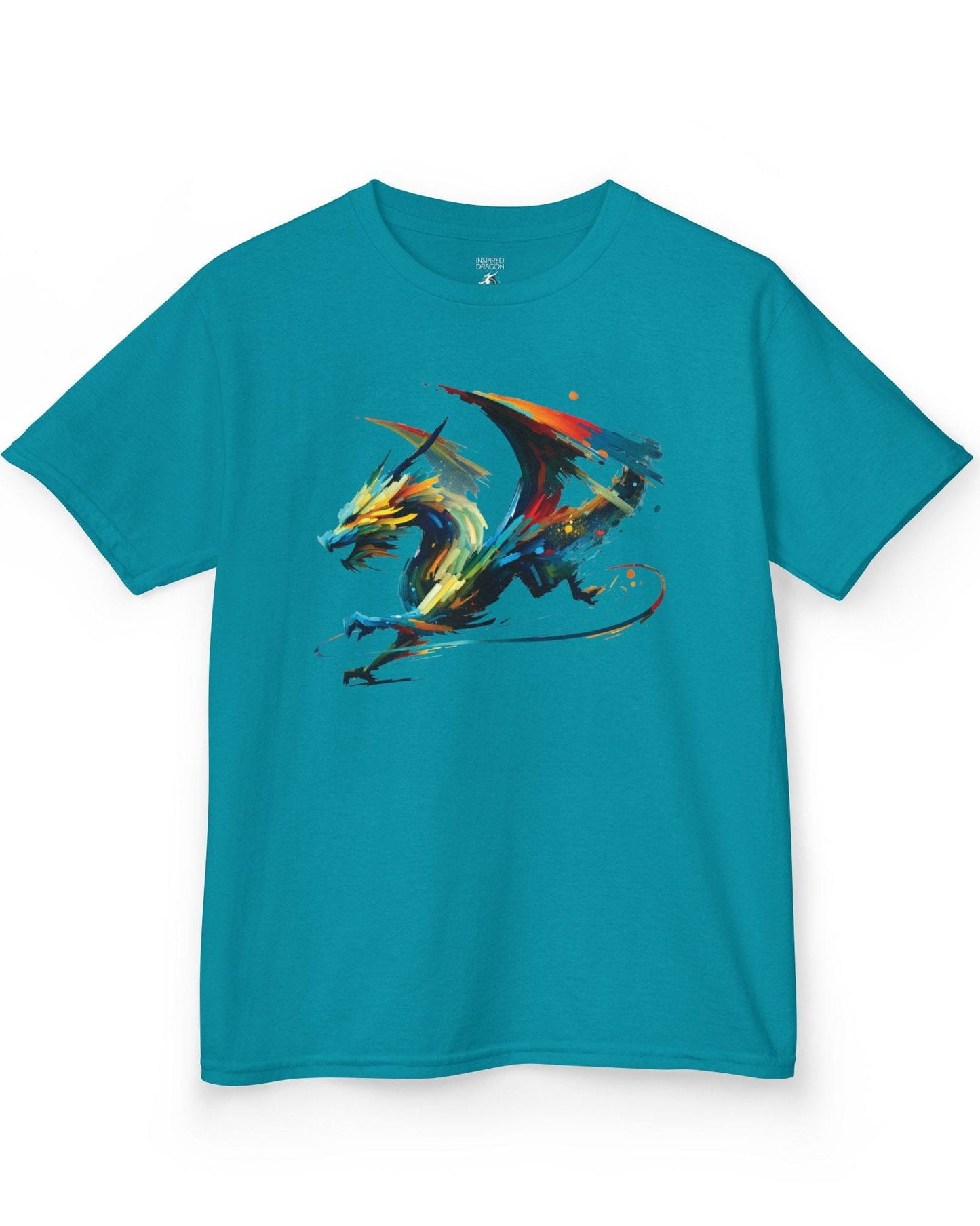 Prismatic Splatter Dragon shirt in tropical blue, featuring a dynamic multicolored dragon made of bold brush strokes.