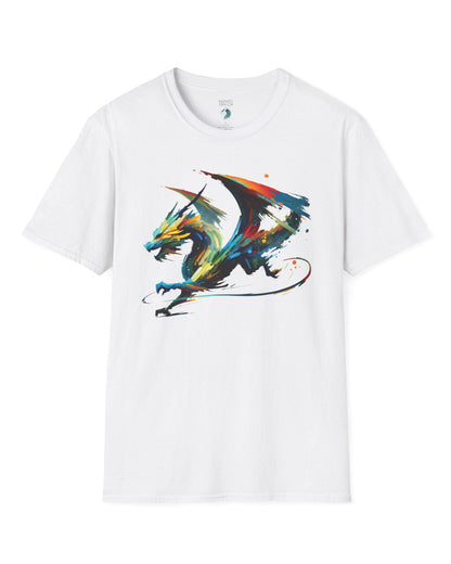 Prismatic Splatter Dragon shirt in white, featuring a dynamic multicolored dragon made of bold brush strokes.
