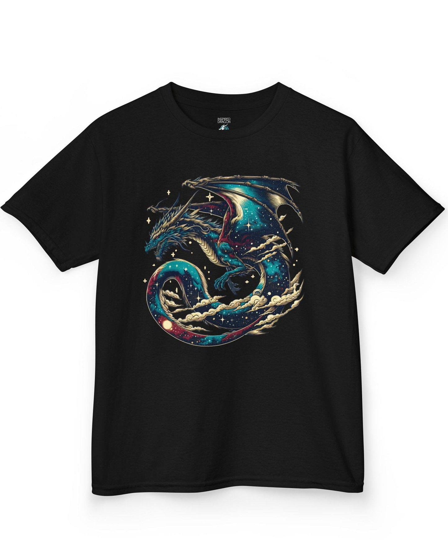 Celestial Serpent shirt in black featuring a cosmic dragon with star-filled wings and swirling clouds