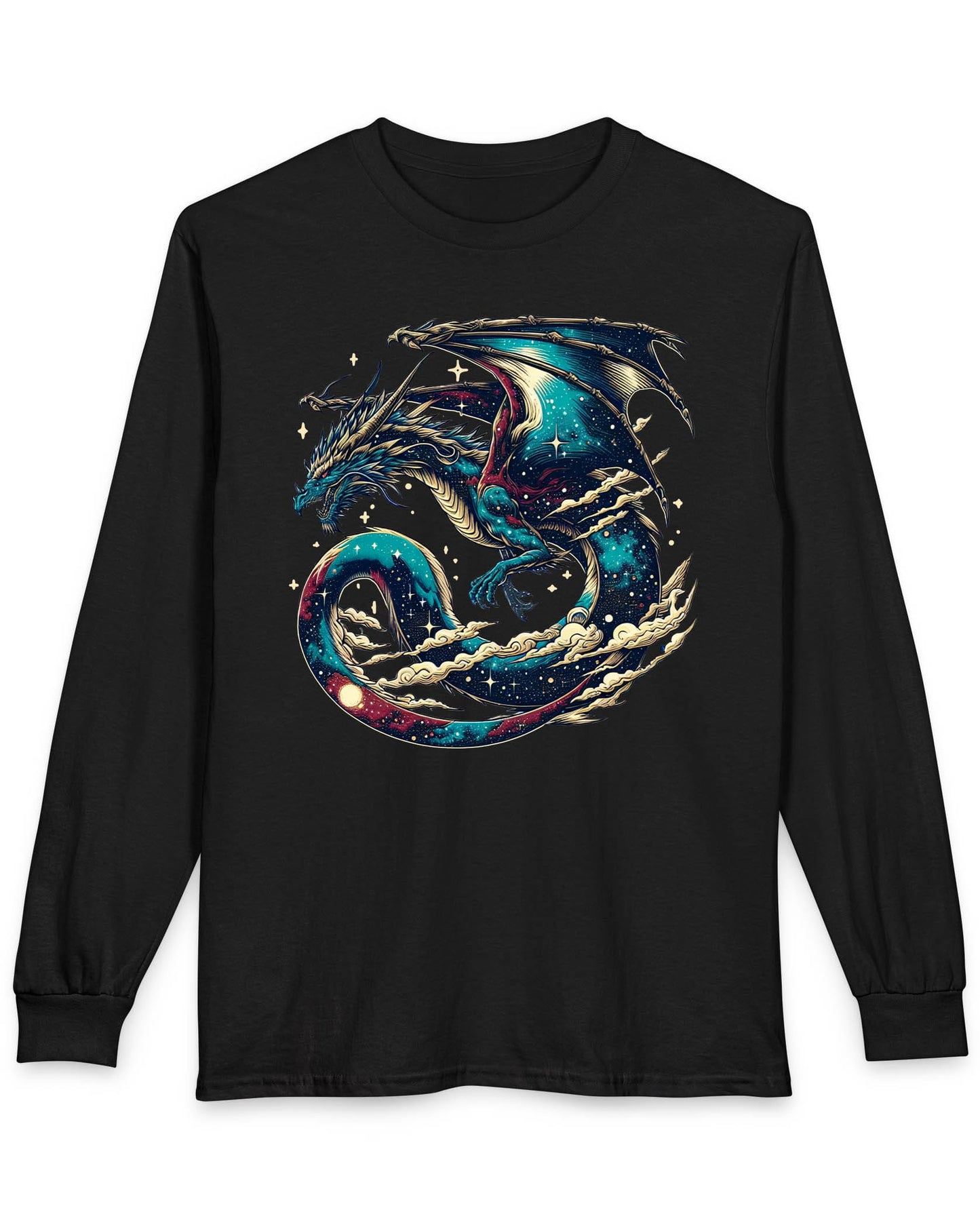 Celestial Serpent shirt in black featuring a cosmic dragon with star-filled wings and swirling clouds
