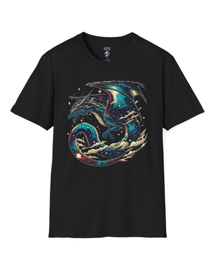 Celestial Serpent shirt in black, featuring a cosmic dragon with star-filled wings and swirling clouds.
