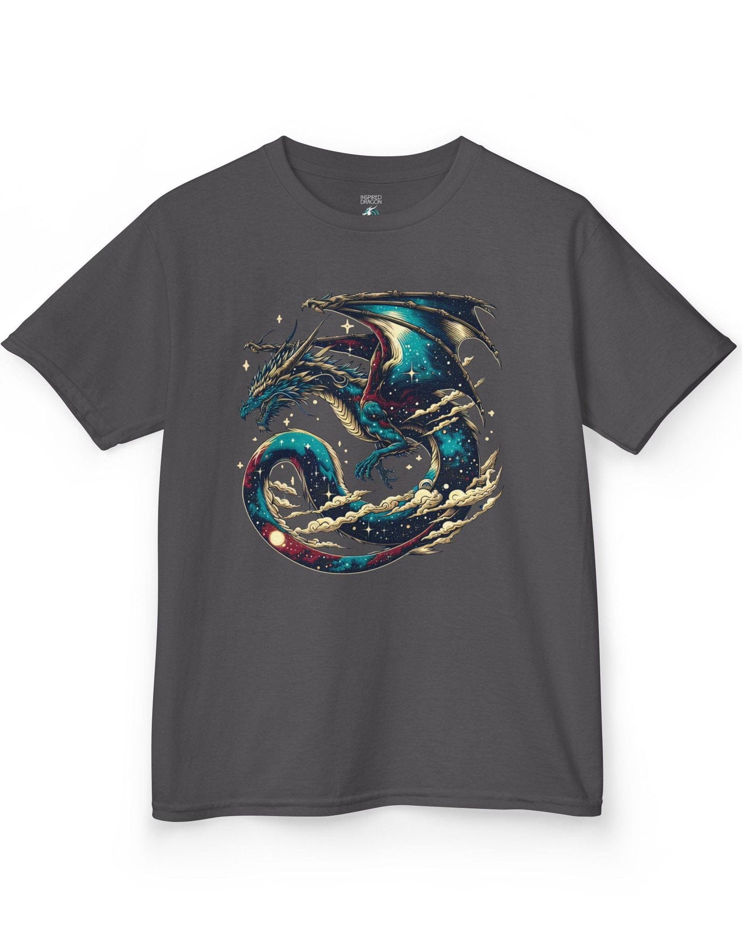 Celestial Serpent shirt in charcoal featuring a cosmic dragon with star-filled wings and swirling clouds