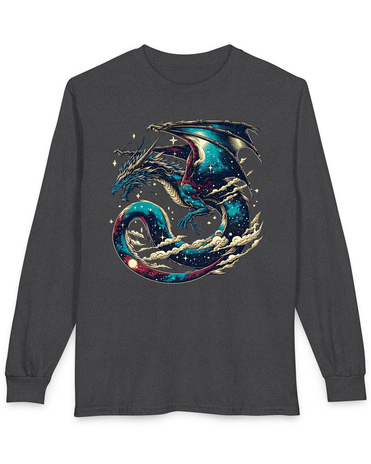 Celestial Serpent shirt in dark heather featuring a cosmic dragon with star-filled wings and swirling clouds