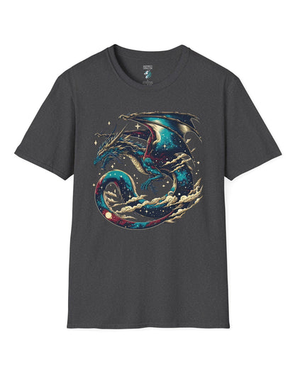 Celestial Serpent shirt in dark heather grey, featuring a cosmic dragon with star-filled wings and swirling clouds.

