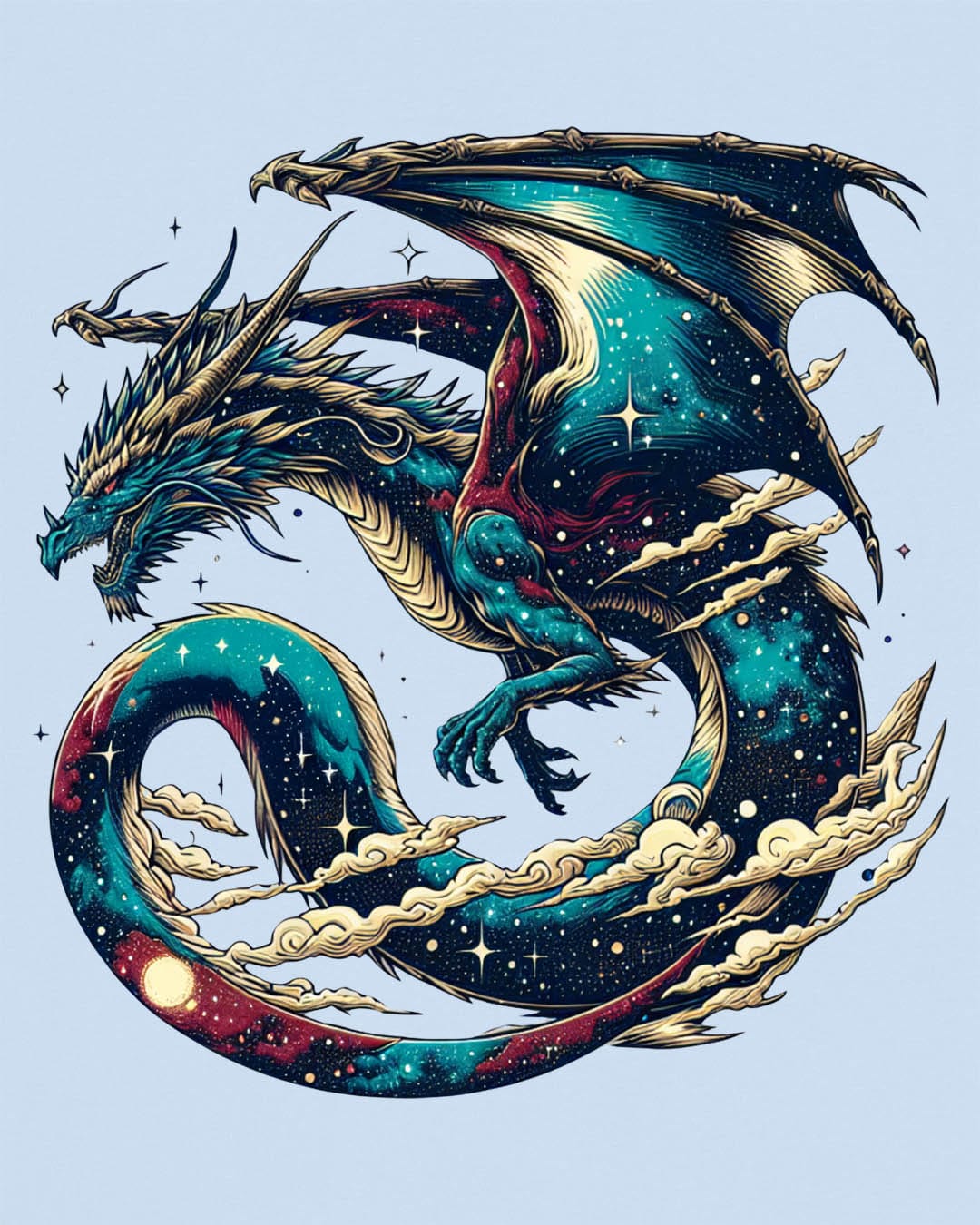 Celestial Serpent shirt in light blue, featuring a cosmic dragon with star-filled wings and swirling clouds.