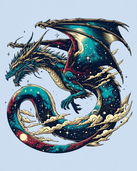 Celestial Serpent shirt in light blue, featuring a cosmic dragon with star-filled wings and swirling clouds.