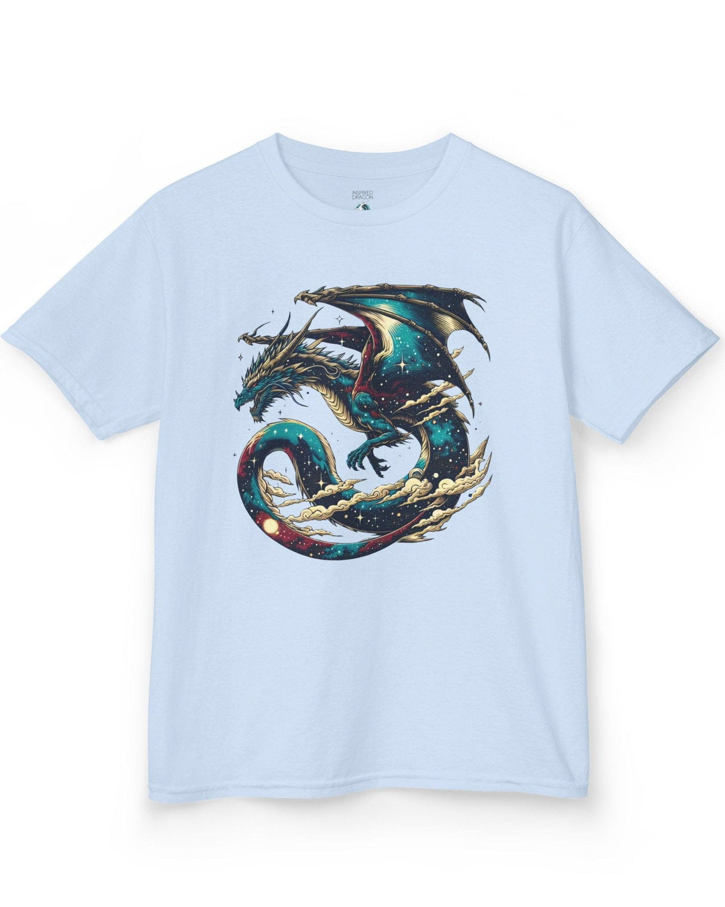 Celestial Serpent shirt in light blue featuring a cosmic dragon with star-filled wings and swirling clouds