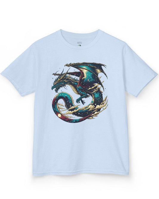 Celestial Serpent shirt in light blue featuring a cosmic dragon with star-filled wings and swirling clouds