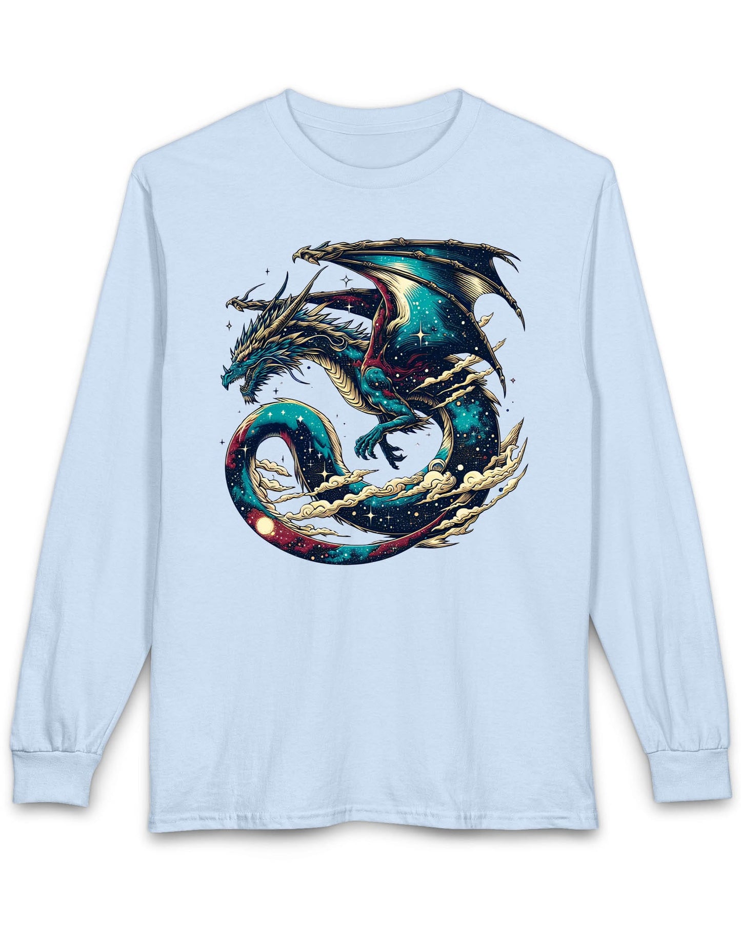 Celestial Serpent shirt in light blue featuring a cosmic dragon with star-filled wings and swirling clouds